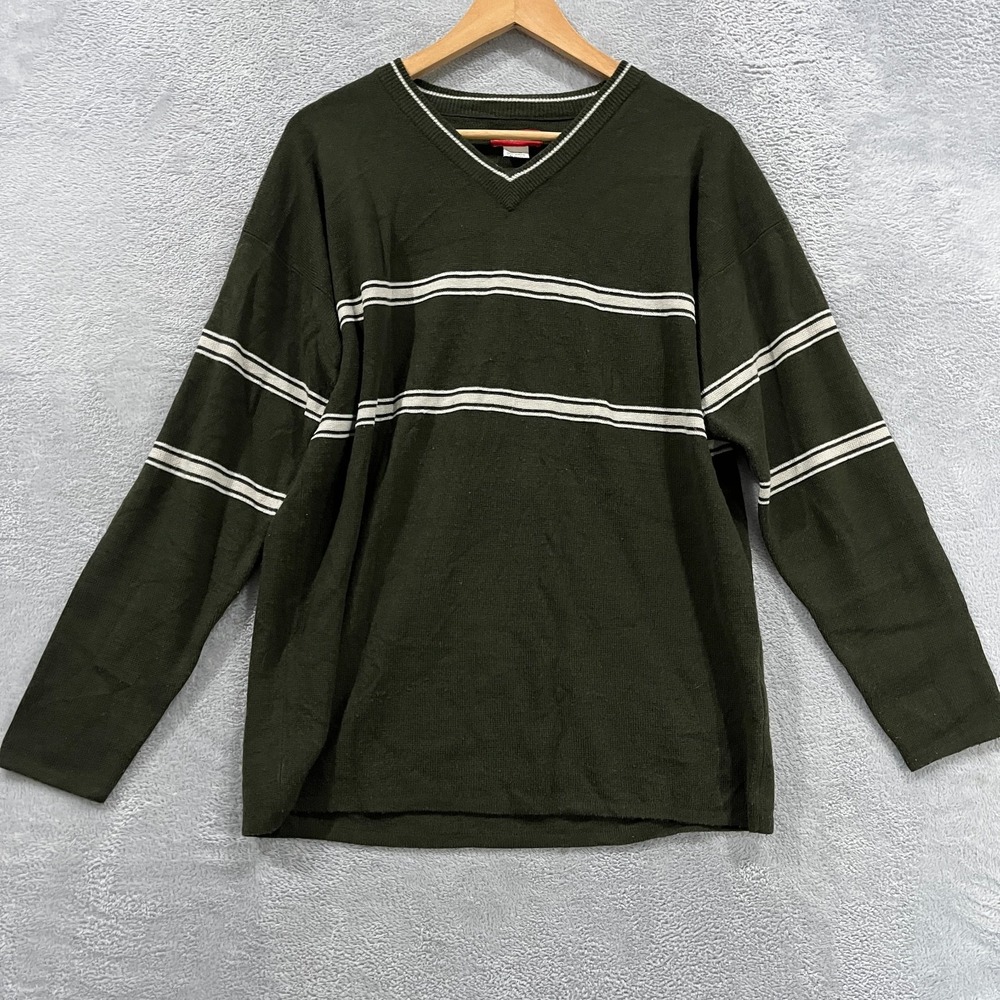 Vintage Union Bay Striped Sweater Mens Medium V-Neck Pullover Green 90s
